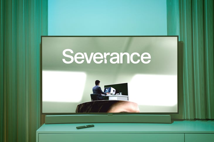 Popular Apple show "Severance" displayed on a TV screen.
