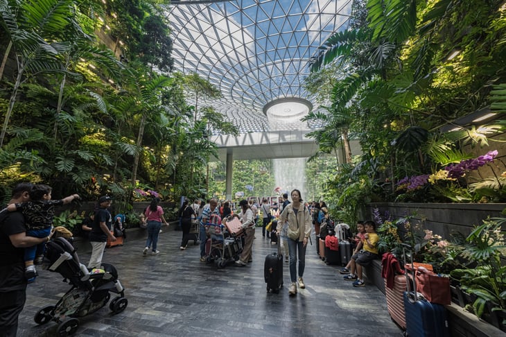 The Rain Vortex, a 40m-tall indoor waterfall located inside the Jewal Changi Airport in Singapore.