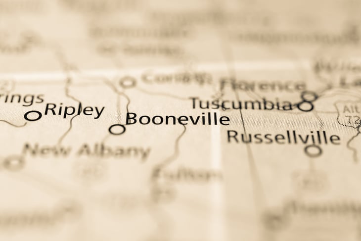 Booneville, Mississippi, on a map