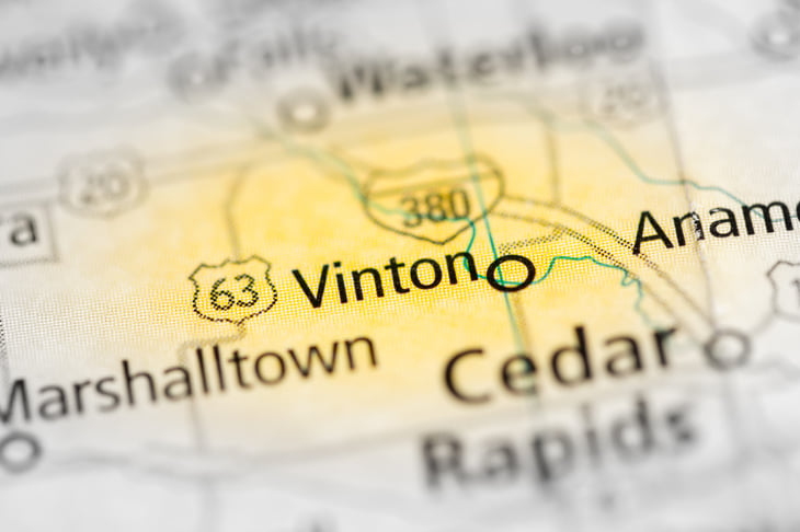 Vinton, Iowa, on a map