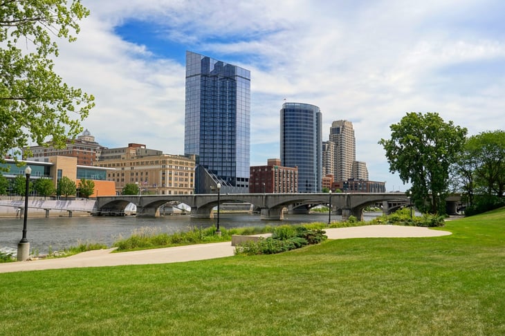 Grand River and downtown Grand Rapids Michigan skyline