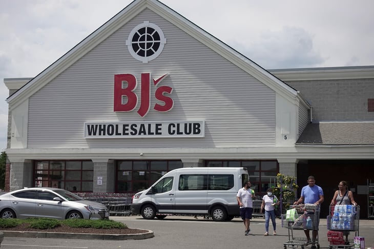 Customers walk out of a BJ's Wholesale Club store in Revere, Massachusetts