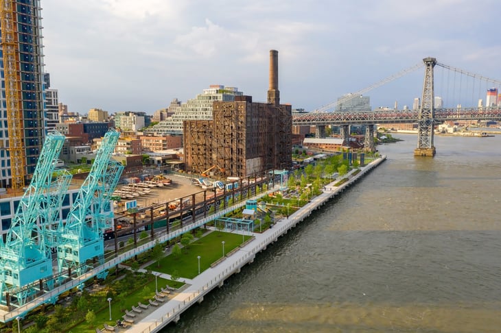 New York, USA. May 01. 2019. Domino Park in Brooklyn, Williamsburg, Old sugar factory. Aerial view.