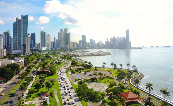 Coast and skyline of Panama City, Panama with modern highrise buildings.