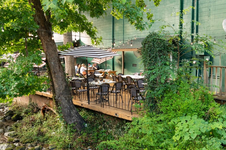 Patio at Howard's restaurant on LeCont Creek in Gatlinburg, Tennessee, USA