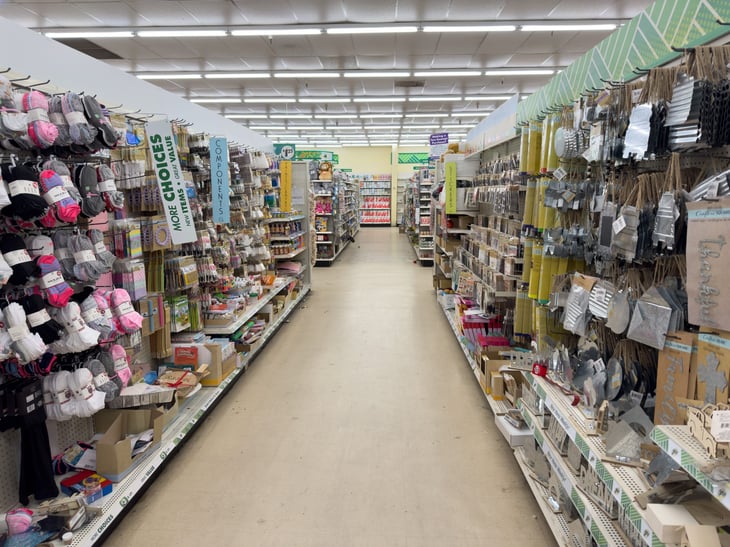 Assortment of goods on display at a Dollar Tree store.