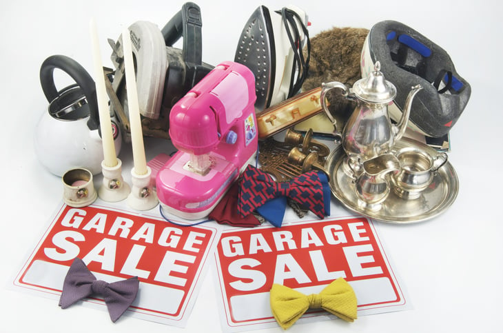 Garage sale items and signs